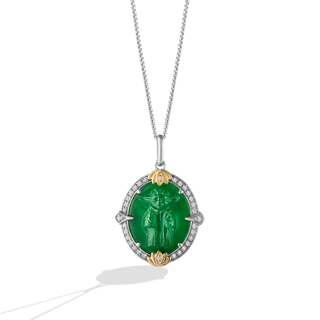 Star Wars™ The Jedi Master White Diamonds and Jade True Two Tone Silver Womens Pendant 1/5 CTTW in 10K Yellow Gold