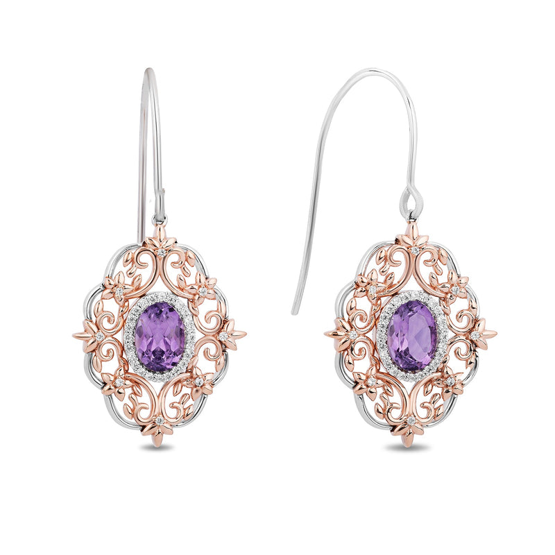 Enchanted Disney Fine Jewelry Sterling Silver and 10K Rose Gold with 1/6 CTTW Diamond and Rose-De-France Rapunzel Filigree Dangle Earrings