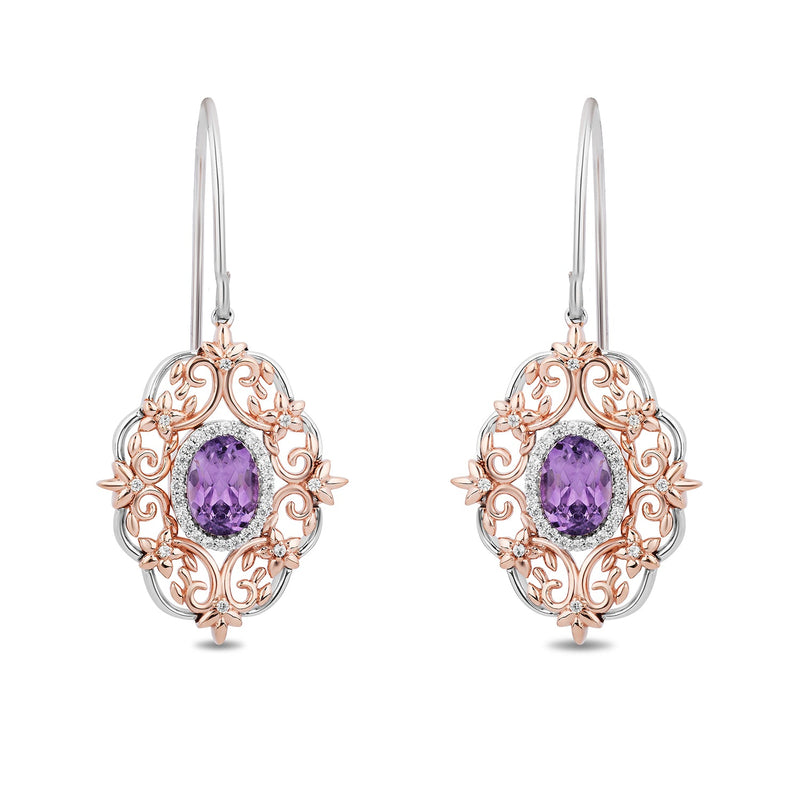 Enchanted Disney Fine Jewelry Sterling Silver and 10K Rose Gold with 1/6 CTTW Diamond and Rose-De-France Rapunzel Filigree Dangle Earrings