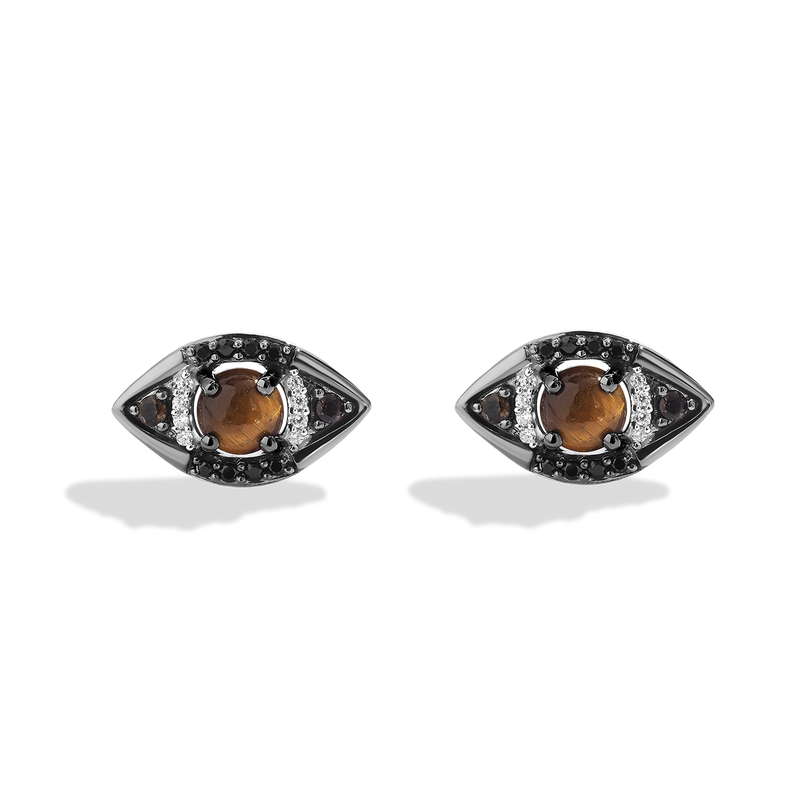 Star Wars™ Fine Jewelry JABBA THE HUTT™ WOMEN'S EARRINGS 1/5 CT.TW. Black and White Diamonds, Tigers Eye, Smoky Quartz, Sterling Silver with Black Rhodium