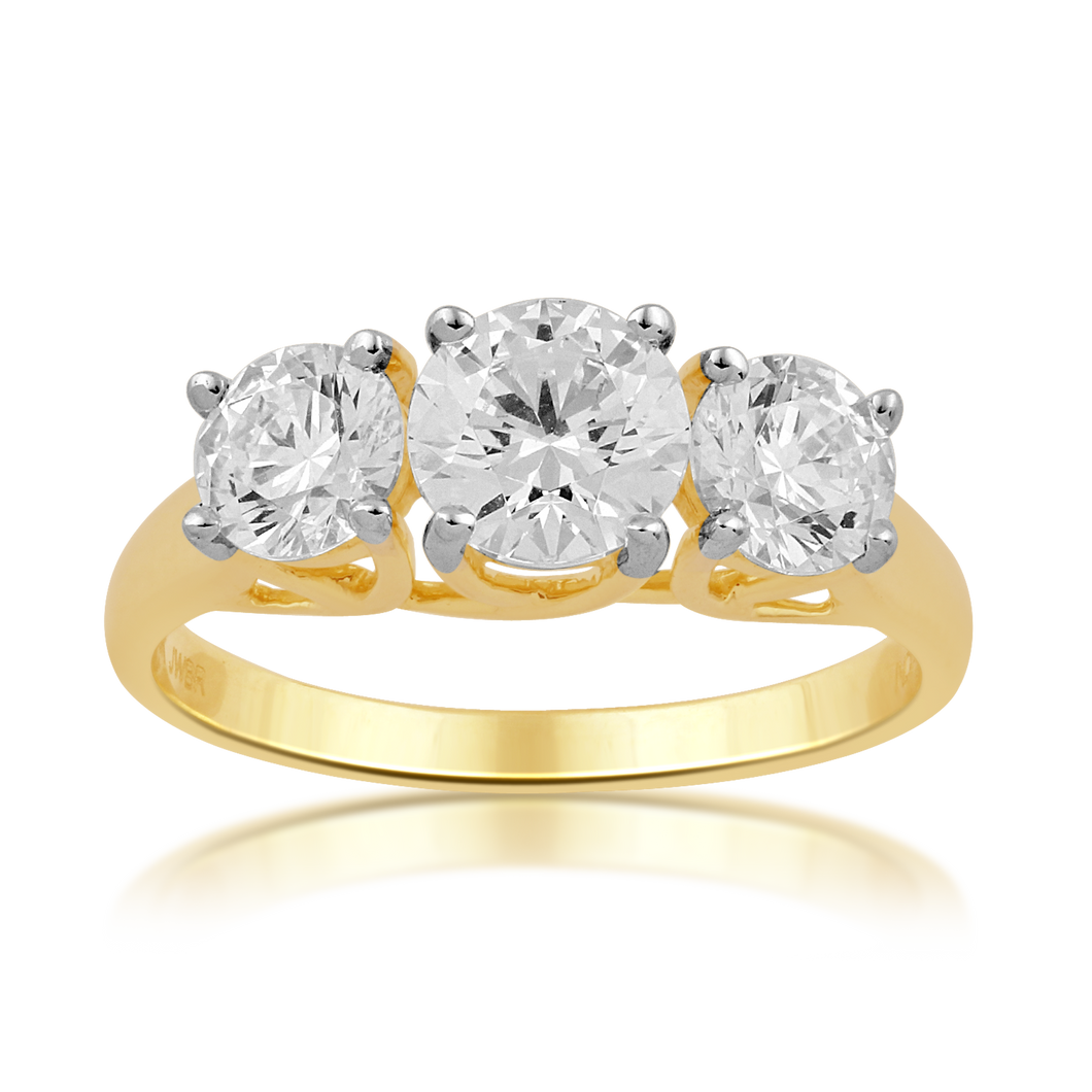 Jewelili 10K Yellow Gold Round Cubic Zirconia Three Stone Anniversary Ring