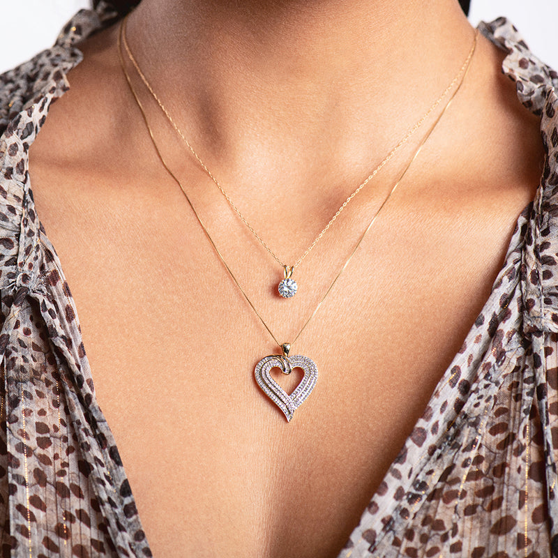 Jewelili 10K Yellow Gold With 1/2 CTTW Diamonds Heart Pendant Necklace