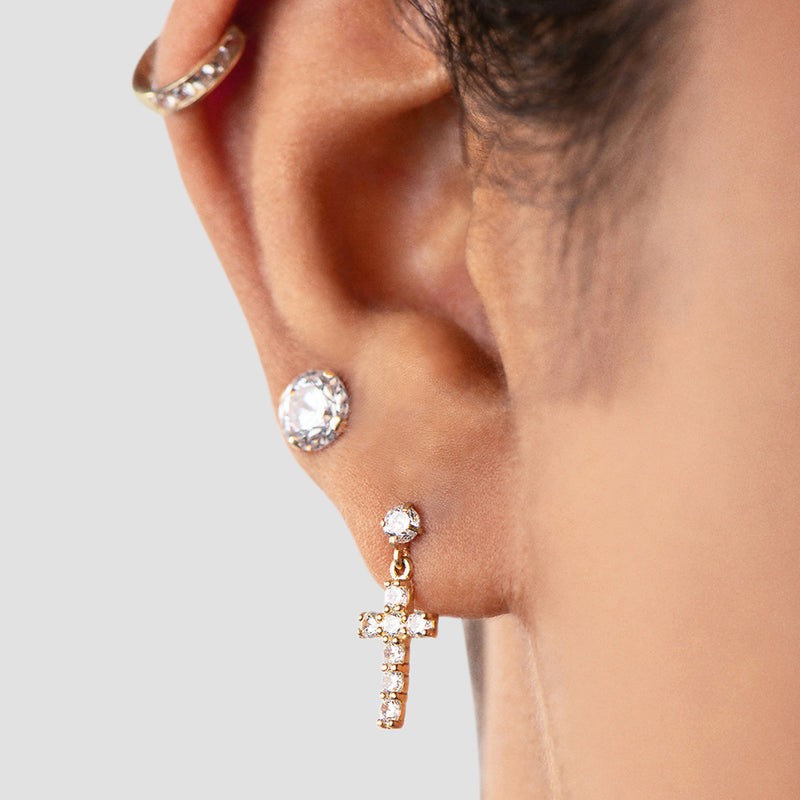 Jewelili Cross Dangle Earrings with Cubic Zirconia in 10K Yellow Gold View 2