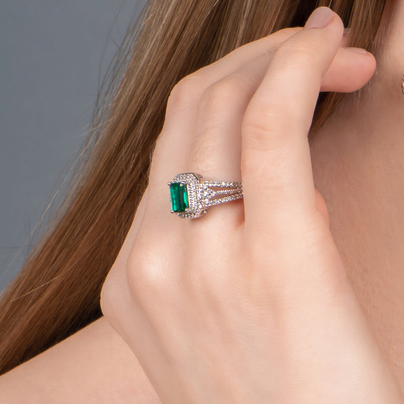Jewelili Halo Ring with Octagon Created Emerald and Created White Sapphire in Sterling Silver View 4