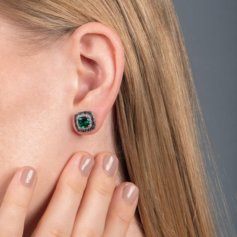 Jewelili Sterling Silver Cushion Shape Created Green Emerald with Treated Black and White Diamonds Stud Earrings