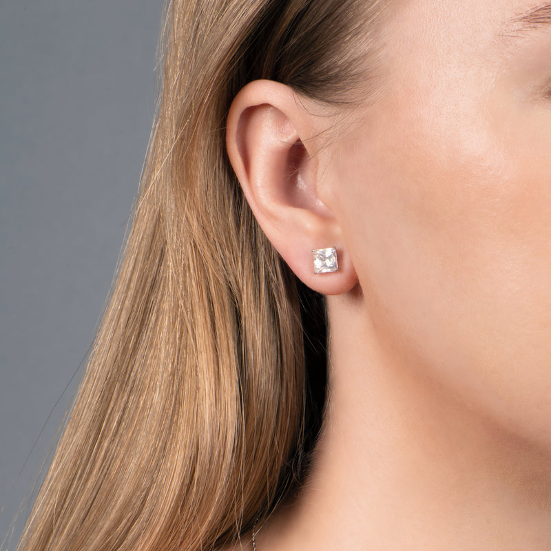 Jewelili 10K White Gold 6.0 mm Princess Cut Cubic Zirconia Stud Earrings