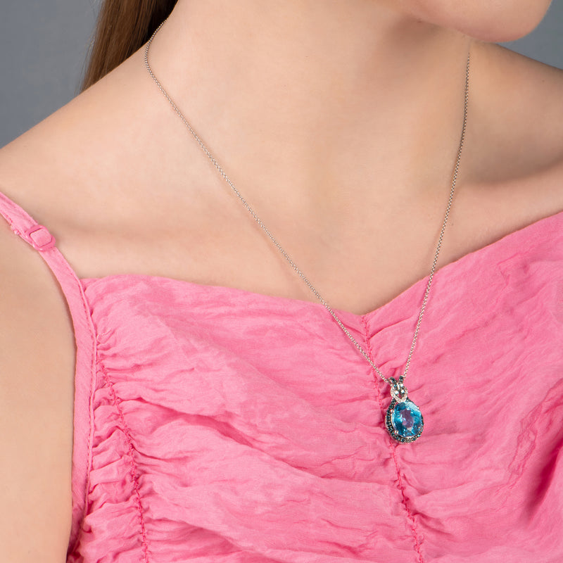 Jewelili Sterling Silver with 1/3 CTTW Treated Blue Diamonds and White Diamonds with Blue Topaz Knot Pendant Necklace
