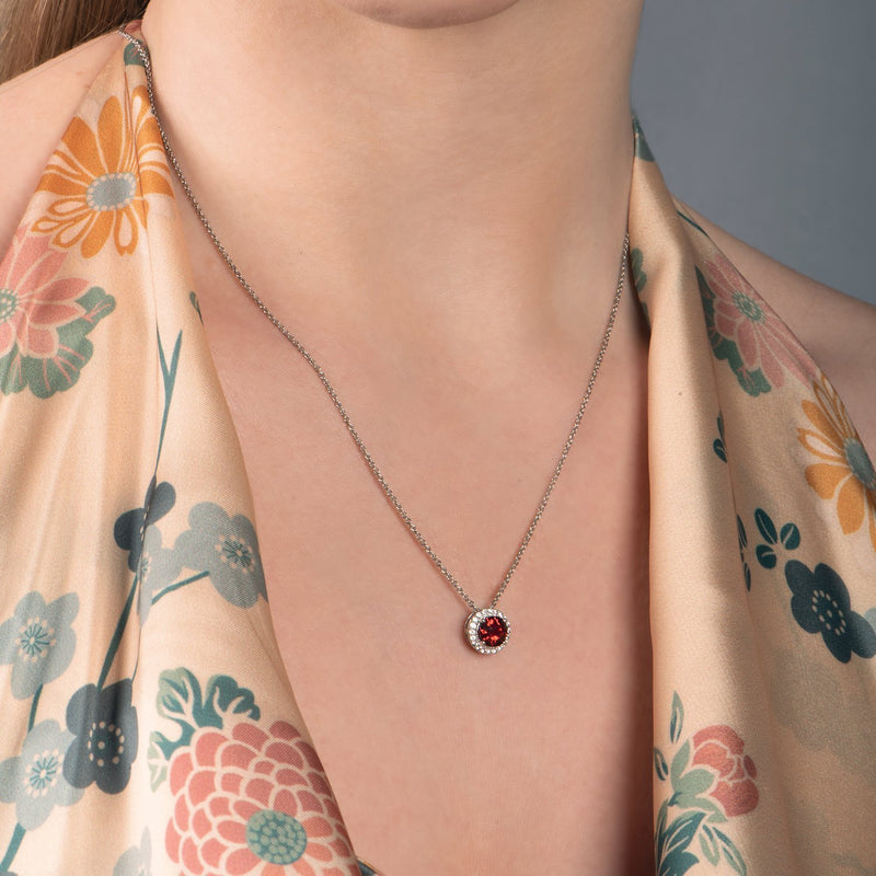Jewelili Sterling Silver Checker Board Round Garnet and Round Created White Sapphire Pendant Necklace