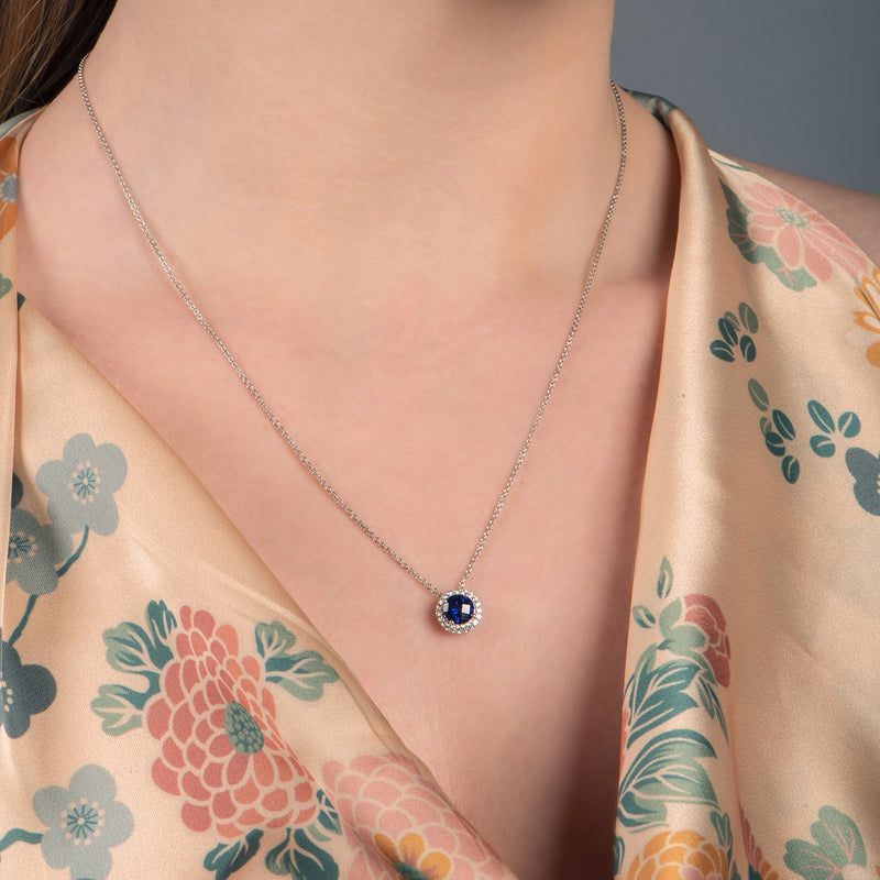 Jewelili Sterling Silver with Round Created Blue and White Sapphire Halo Pendant Necklace