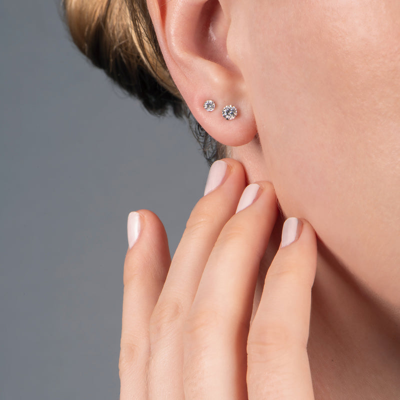 Jewelili 10K White Gold With Cubic Zirconia 3 Single Stud Earrings Set