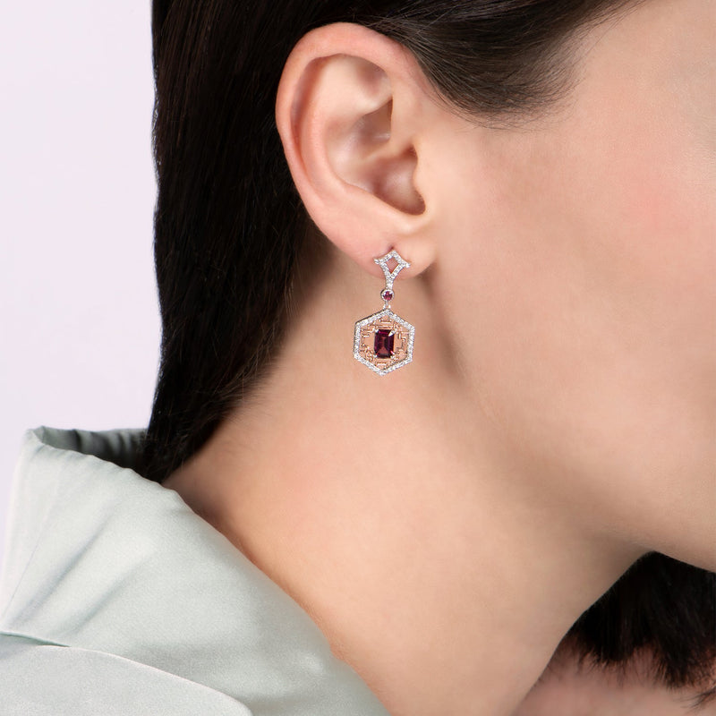 Enchanted Disney Fine Jewelry Sterling Silver and 10K Rose Gold with 1/3 CTTW Diamond and Rhodolite Garnet Mulan Earrings