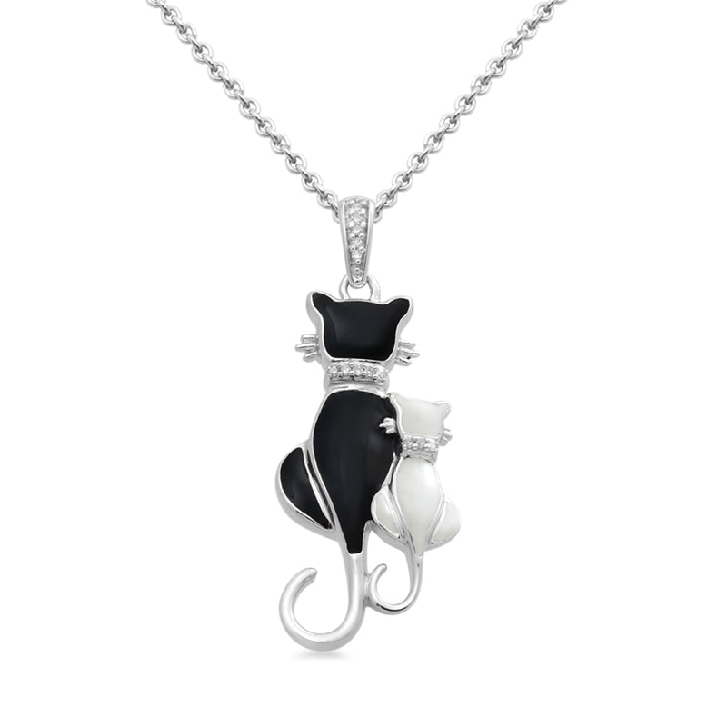 Jewelili Sterling Silver With Natural White Diamonds Enamel Cat Pendant Necklace