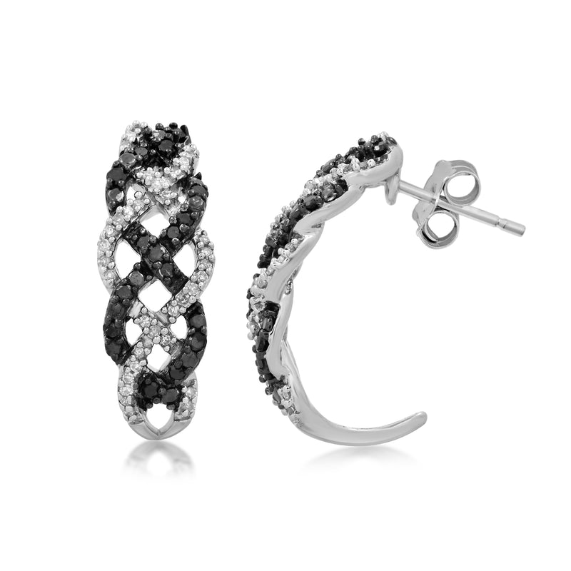Jewelili Twisted Hoop Earrings with Natural White and Treated Black Round Diamonds in Sterling Silver 1/2 CTTW view 2