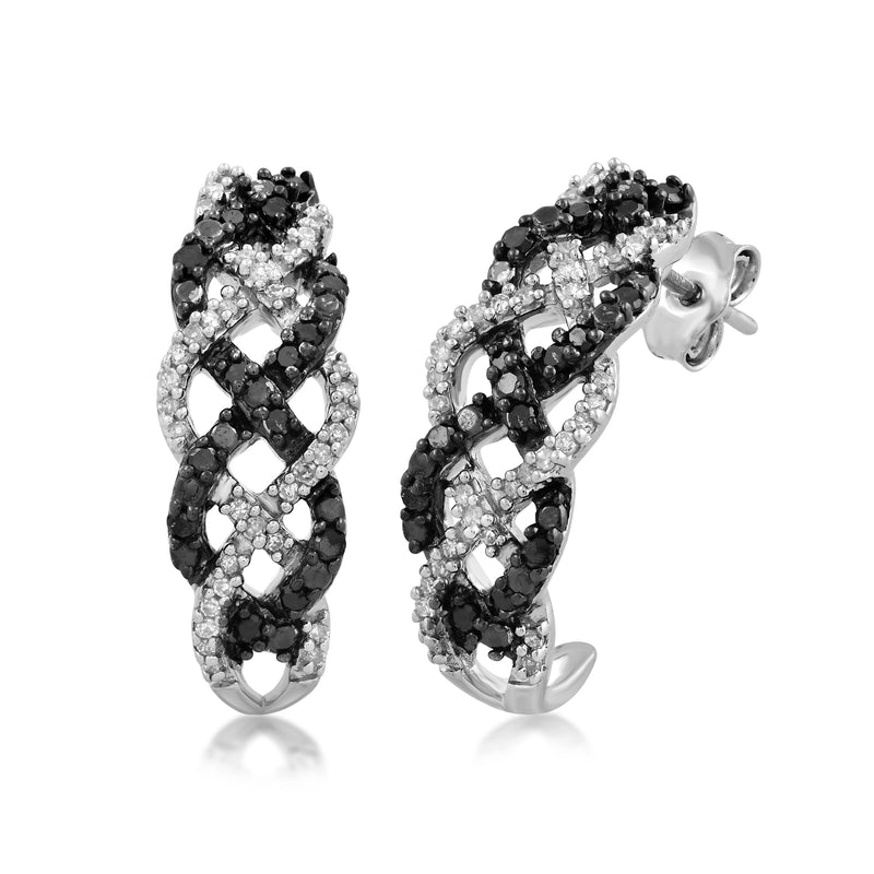 Jewelili Twisted Hoop Earrings with Natural White and Treated Black Round Diamonds in Sterling Silver 1/2 CTTW