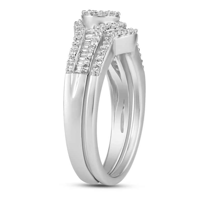 Jewelili 10K White Gold With 1/2 CTTW Round, Baguette and Princess Cut Diamond Bridal Ring