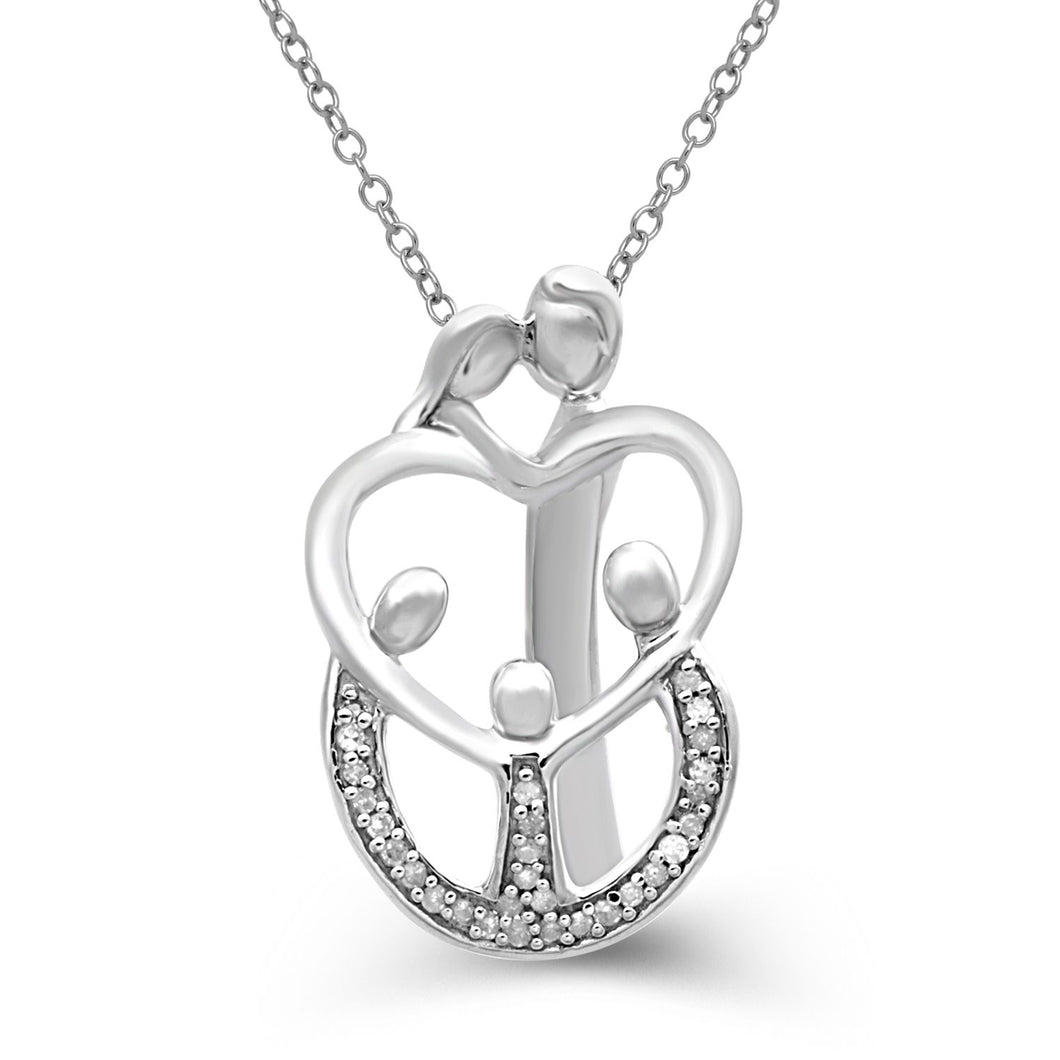 Jewelili Sterling Silver With 1/10 CTTW White Diamonds Parent Three Children Family Heart Pendant Necklace