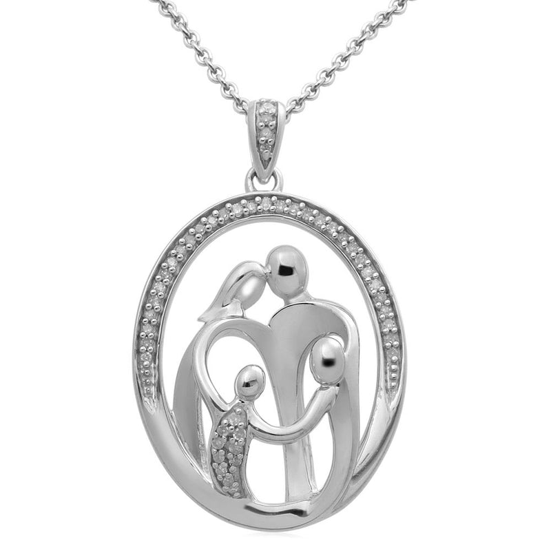 Jewelili Family Heart Necklace Diamond Jewelry in Sterling Silver & 1/10 CTTW Diamond - View 1