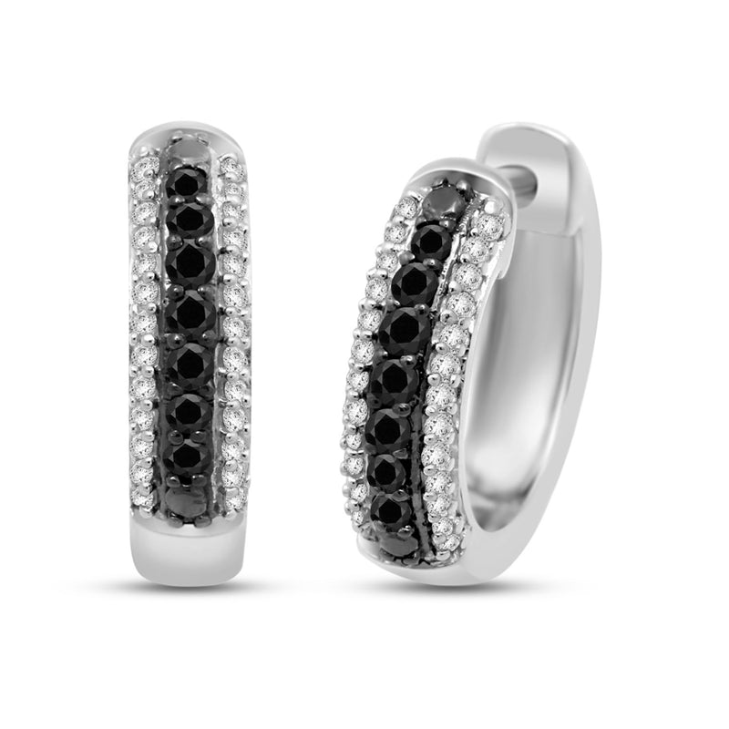 Jewelili Sterling Silver With 1/4 CTTW Treated Black and Natural White Diamonds Hoop Earrings