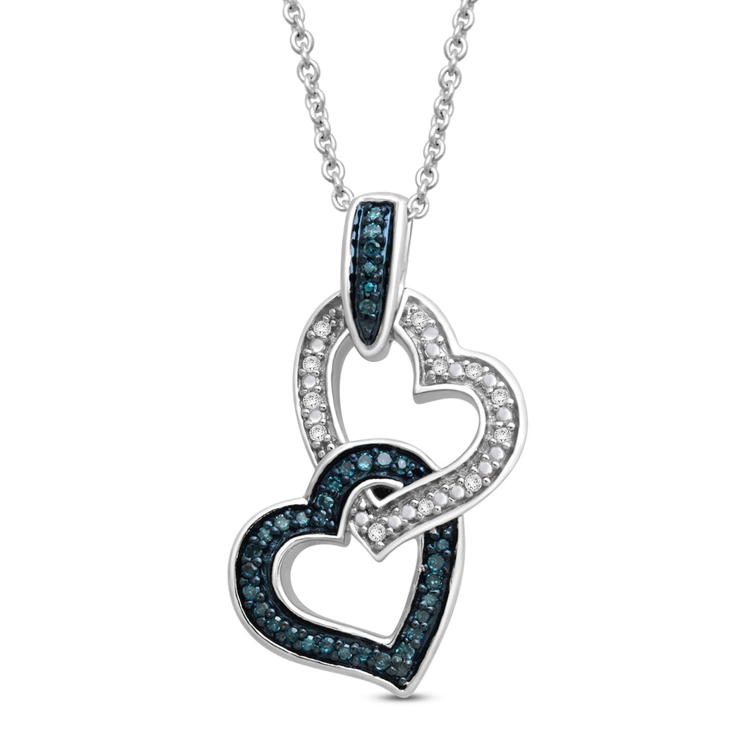 Jewelili Sterling Silver With 1/6 CTTW Treated Blue Diamonds and White Round Diamonds Double Heart Pendant Necklace