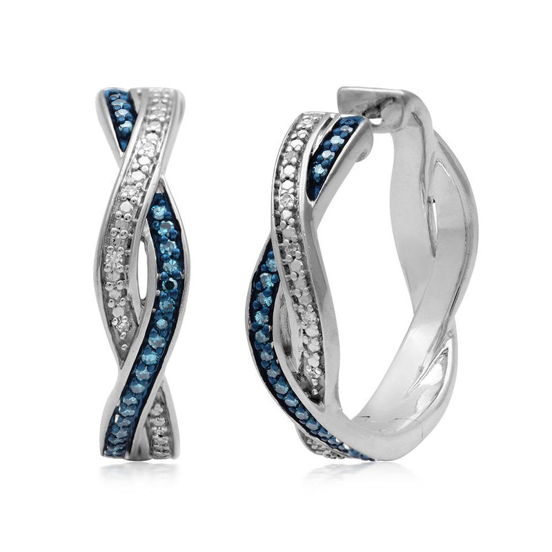 Jewelili Sterling Silver 1/6 CTTW Treated Blue and Natural White Round Diamonds Twisted Hoop Earrings
