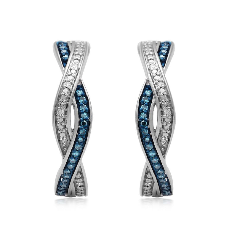 Jewelili Sterling Silver 1/6 CTTW Treated Blue and Natural White Round Diamonds Twisted Hoop Earrings