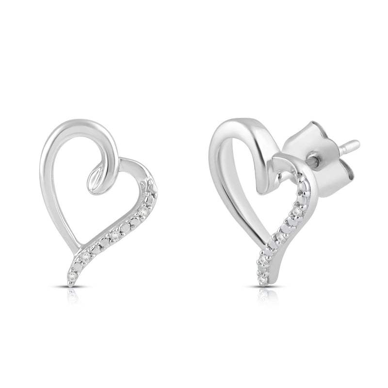 Jewelili 10K White Gold With Diamonds Heart Stud Earrings