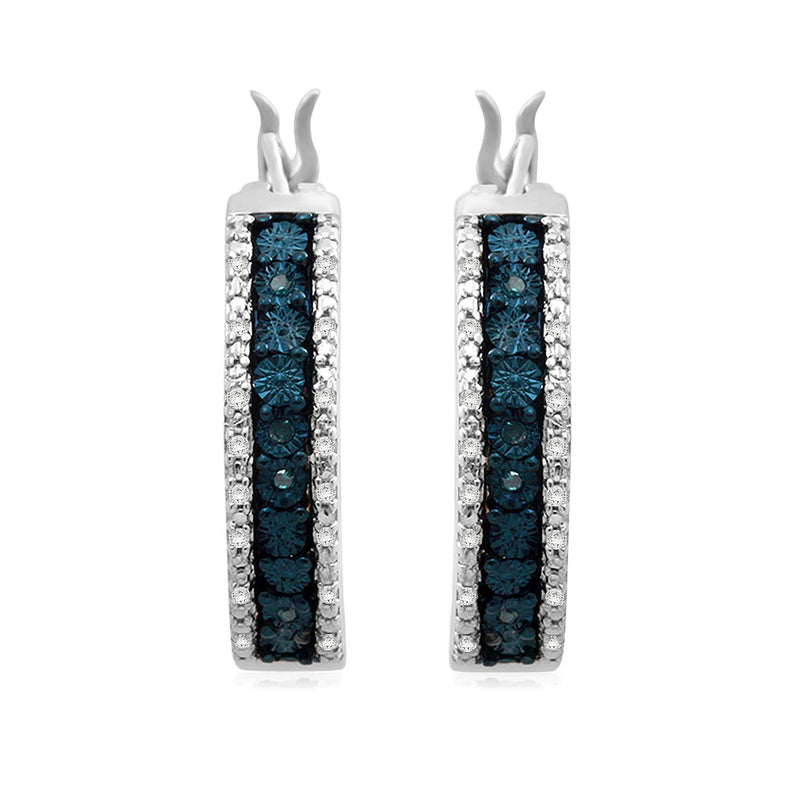 Jewelili Sterling Silver With 1/10 CTTW Treated Blue Diamonds and Natural White Diamonds Hoop Earrings