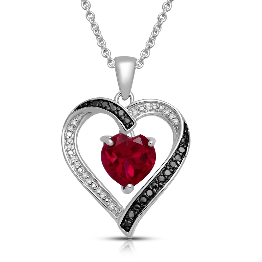 Jewelili Sterling Silver With Created Ruby and 1/10 Black White Diamonds Pendant Necklace