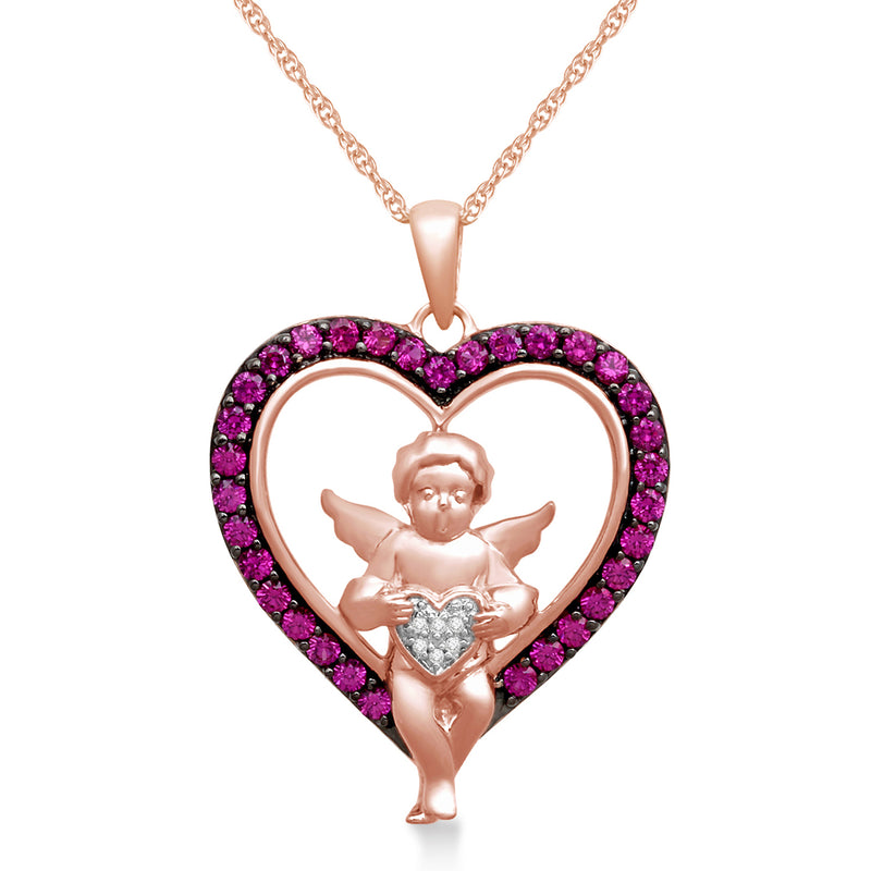 Jewelili 14K Rose Gold Over Sterling Silver With Created Pink Sapphire and Diamonds Cupid Heart Pendant Necklace