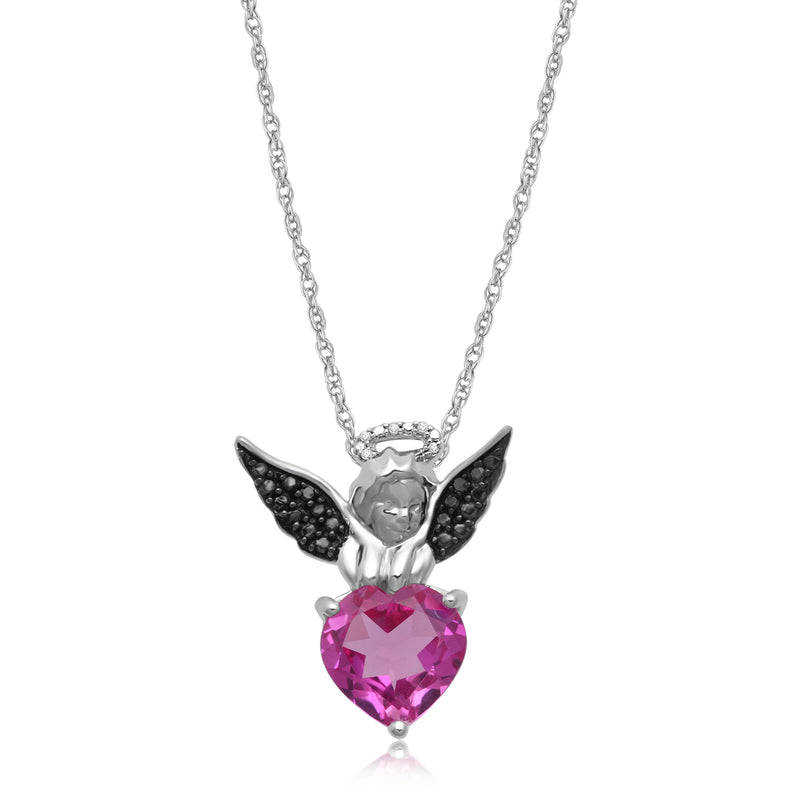 Jewelili Sterling Silver with Created Pink Sapphire with Treated Black and Natural White Diamonds Heart Angel Wing Pendant Necklace