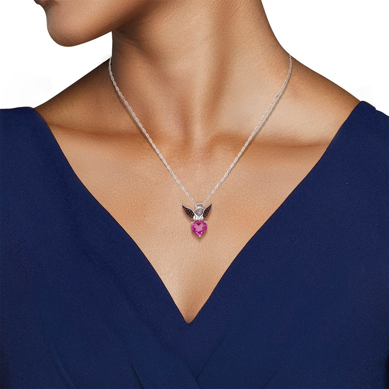 Jewelili Sterling Silver with Created Pink Sapphire with Treated Black and Natural White Diamonds Heart Angel Wing Pendant Necklace