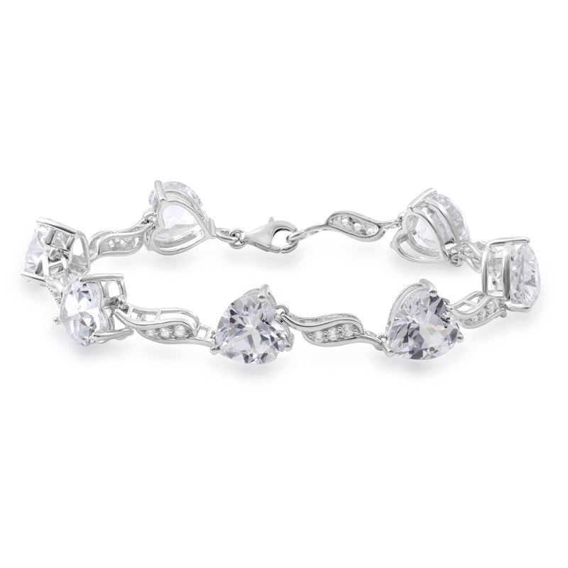 Jewelili Bracelet with Heart and Round Shape Created White Sapphire in Sterling Silver 7.25"
