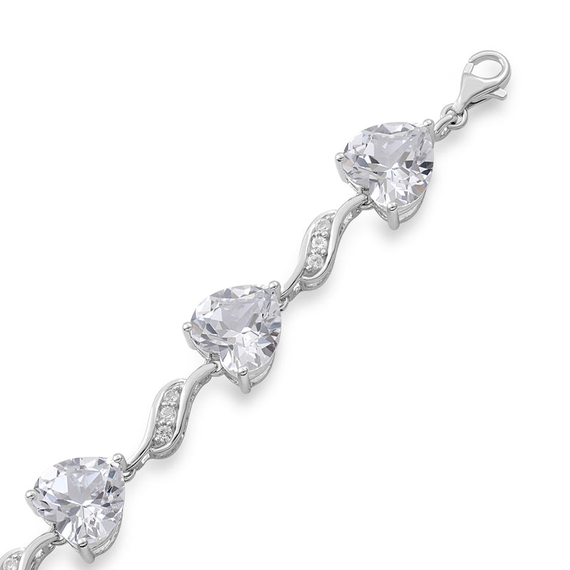 Jewelili Bracelet with Heart and Round Shape Created White Sapphire in Sterling Silver 7.25" View 2