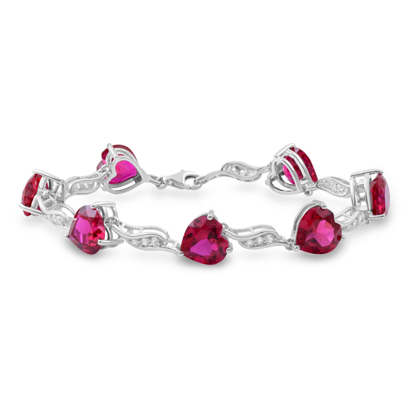 Jewelili Bracelet with Heart Shaped Created Ruby and Round Created White Sapphire in Sterling Silver 7.25"