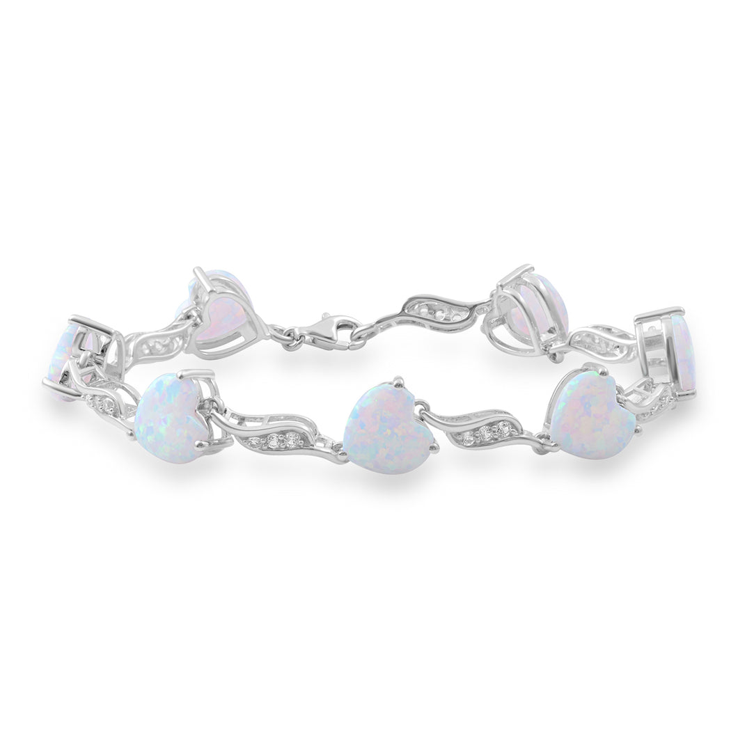 Jewelili Sterling Silver Heart Shaped Created Opal and Round Created White Sapphire Bracelet, 7.25