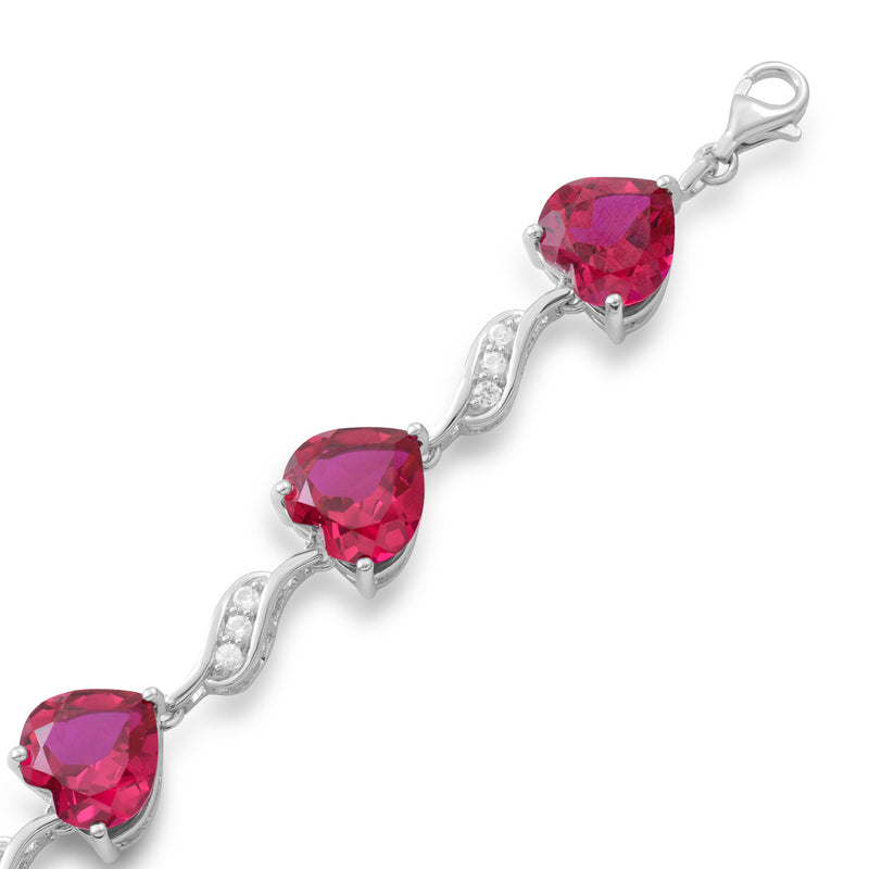 Jewelili Bracelet with Heart Shaped Created Ruby and Round Created White Sapphire in Sterling Silver 7.25" View 2