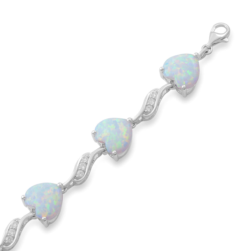 Jewelili Sterling Silver Heart Shaped Created Opal and Round Created White Sapphire Bracelet, 7.25"