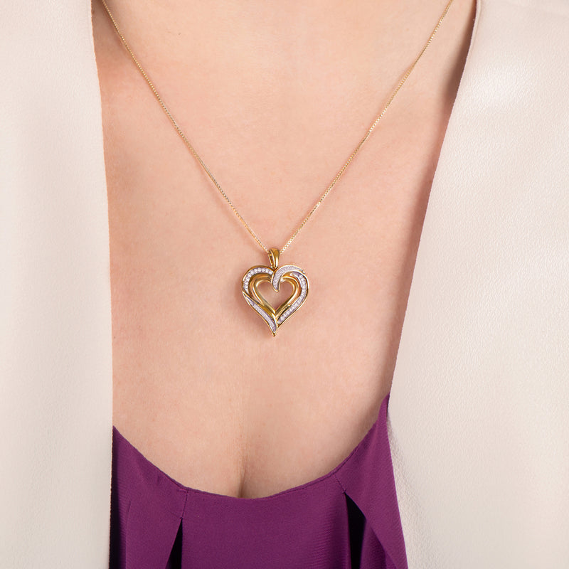 Jewelili 14K Yellow Gold over Sterling Silver with 1/4 CTTW Diamonds Heart Pendant Necklace
