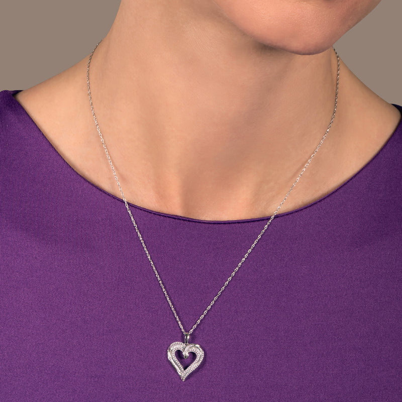 Jewelili Sterling Silver With 1/4 CTTW Round and Tapered Baguette Diamonds Heart Pendant Necklace