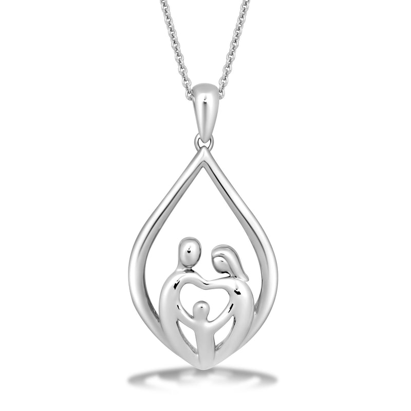 Jewelili Sterling Silver With Parent and One Child Teardrop Pendant Necklace