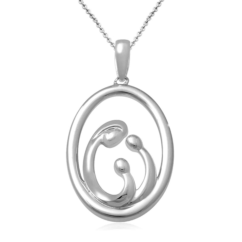 Jewelili Sterling Silver With Mom and Two Children Pendant Necklace