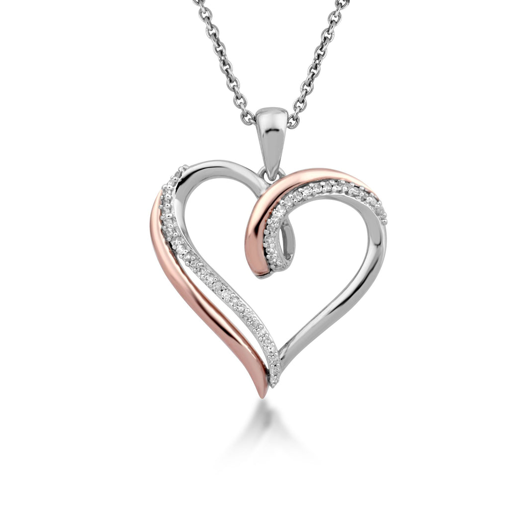 Jewelili 14K Rose Gold over Sterling Silver 1/10 CTTW Diamonds Heart Pendant Necklace