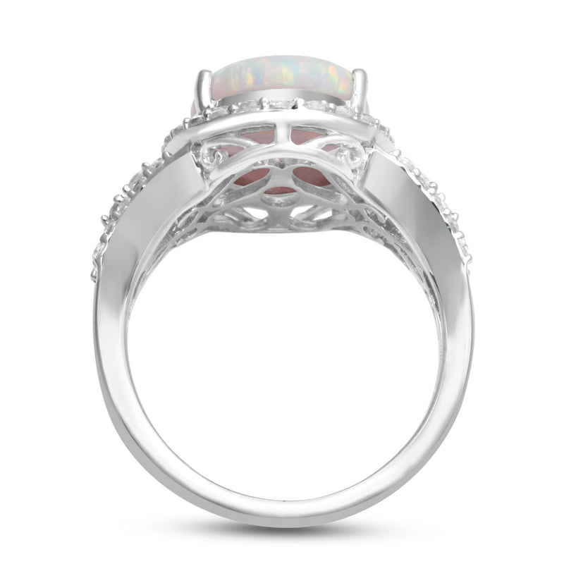 Jewelili Sterling Silver With Oval Shape Created Opal and Created White Sapphire Halo Ring