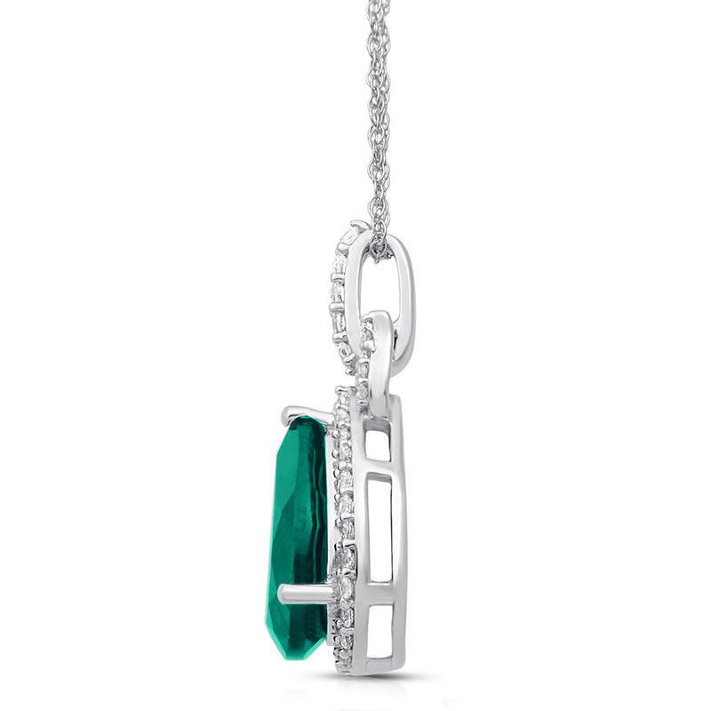 Jewelili 10K White Gold With Diamonds with Created Emerald and Created White Sapphire Teardrop Pendant Necklace