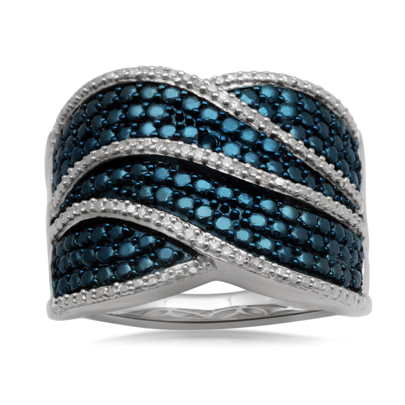Jewelili Sterling Silver With 1/10 CTTW Treated Blue Diamonds and White Round Diamonds Ring