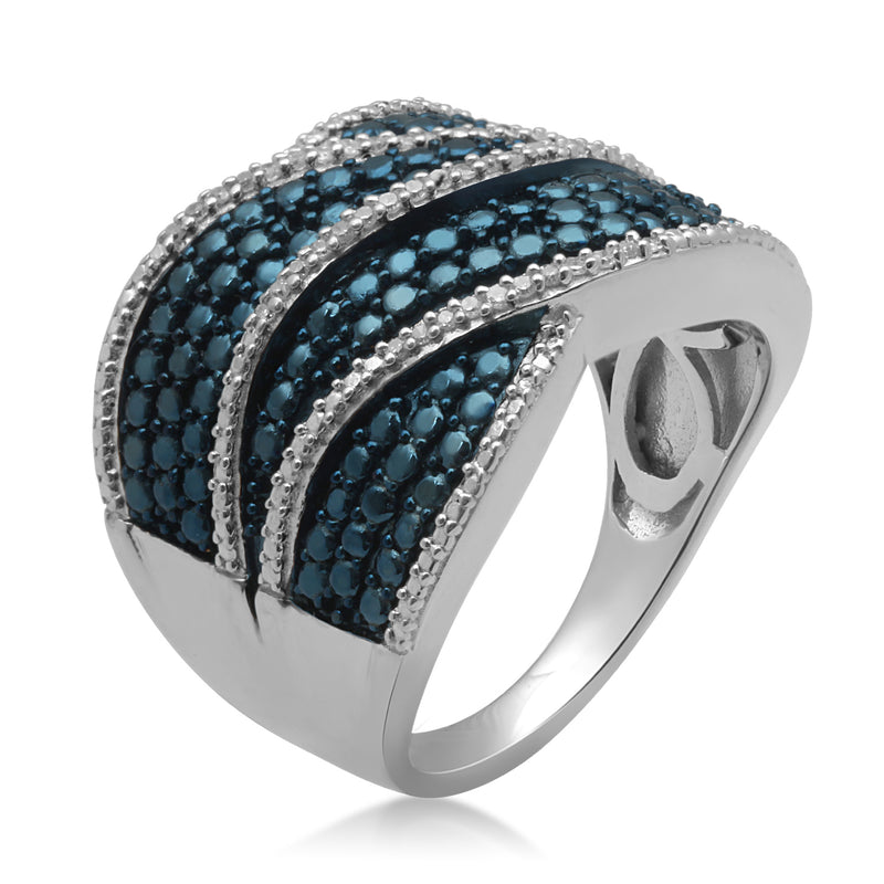 Jewelili Sterling Silver With 1/10 CTTW Treated Blue Diamonds and White Round Diamonds Ring