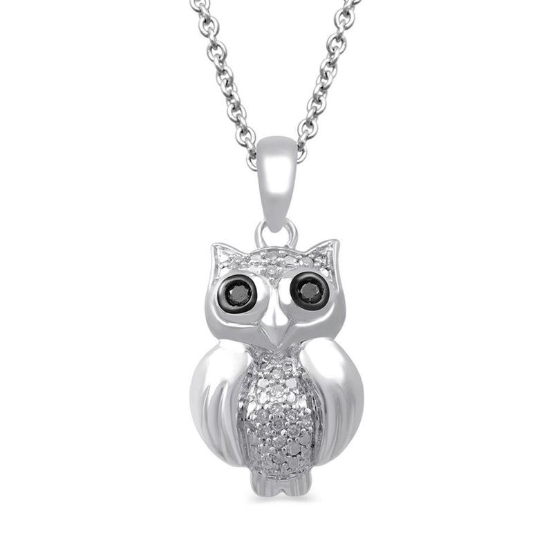 Jewelili Sterling with Silver Treated Black and White Round Diamonds Owl Pendant Necklace