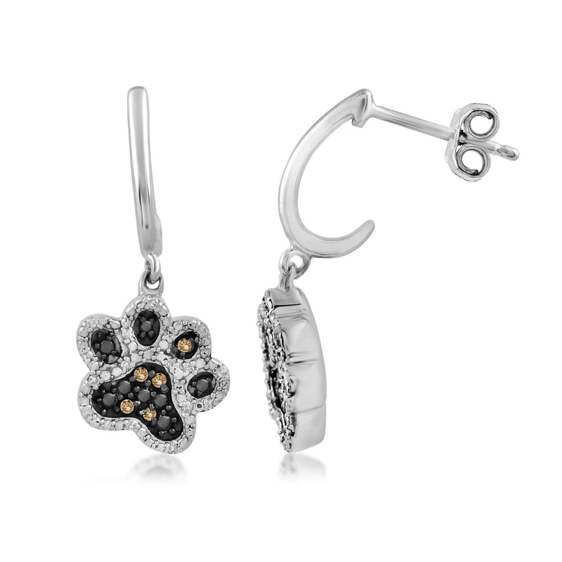 Jewelili Sterling Silver 1/6 CTTW Natural White Round and Champagne Diamonds Dog Paw Dangle Earrings