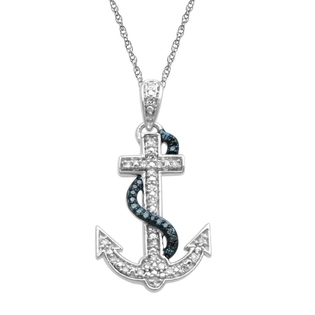 Jewelili Sterling Silver With 1/10 CTTW Round Treated Blue Diamond and White Diamonds Anchor Pendant Necklace