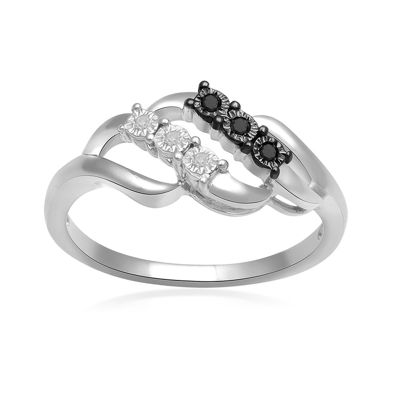 Jewelili Swirl Ring with Treated Black Diamonds and White Diamonds in Sterling Silver View 1